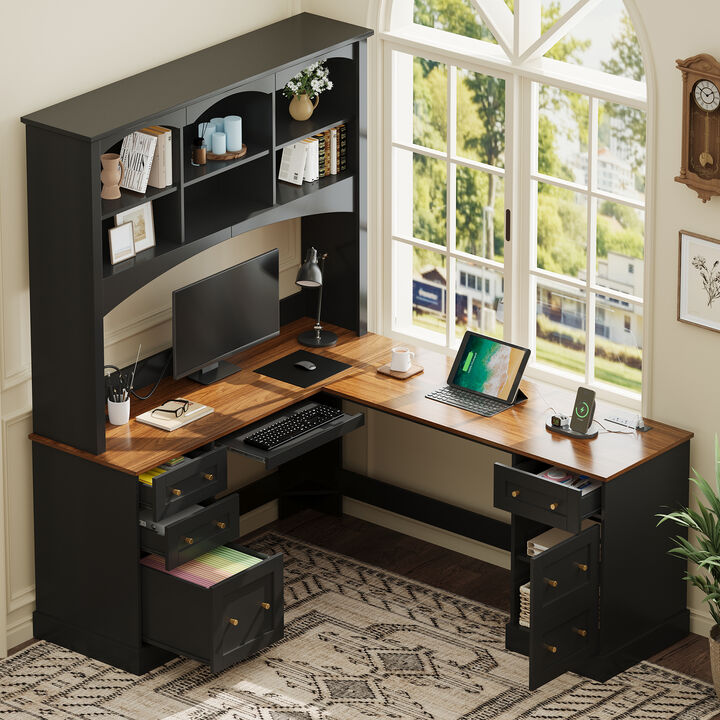 Merax Corner L-Desk with Built-In Power Strips, File Drawer & Concealed Cabinet