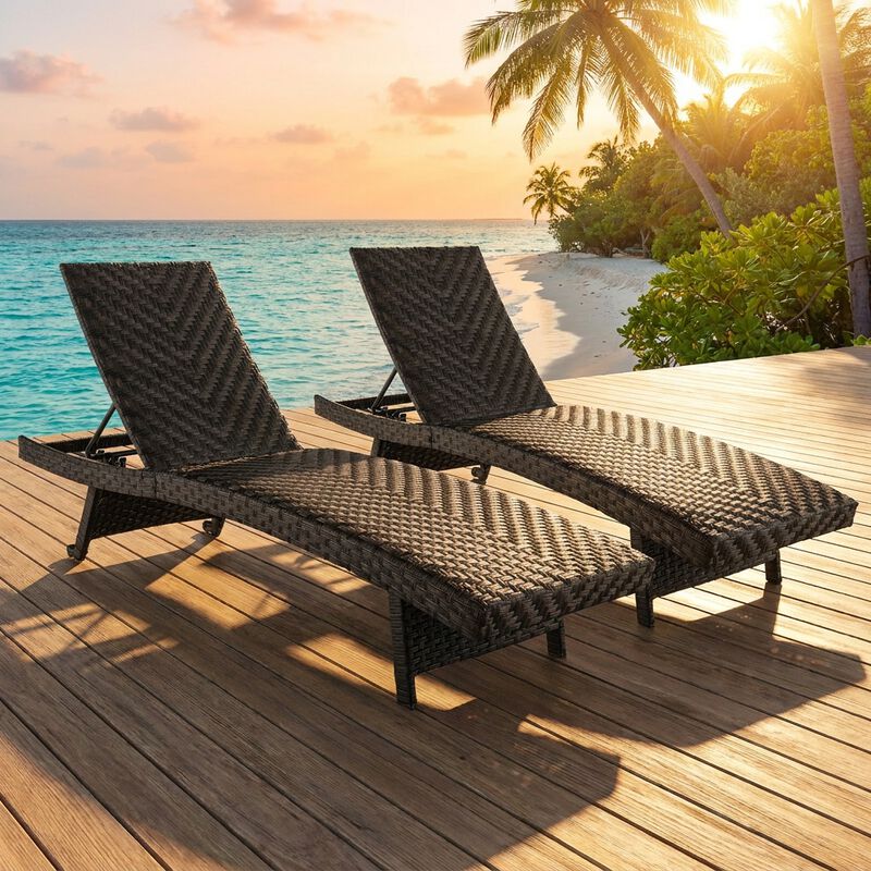 Set of 2 Folding Rattan Chaise Lounge with Adjustable Backrest image number 1