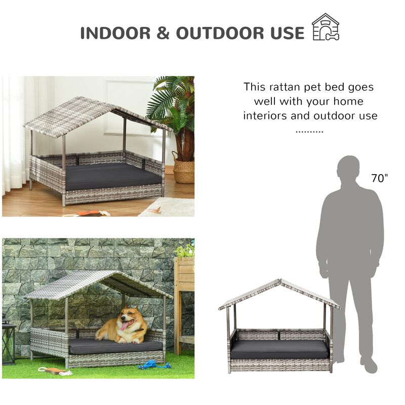 Charcoal Pet Retreat: Elevated Wicker Dog House with Removable Cushion