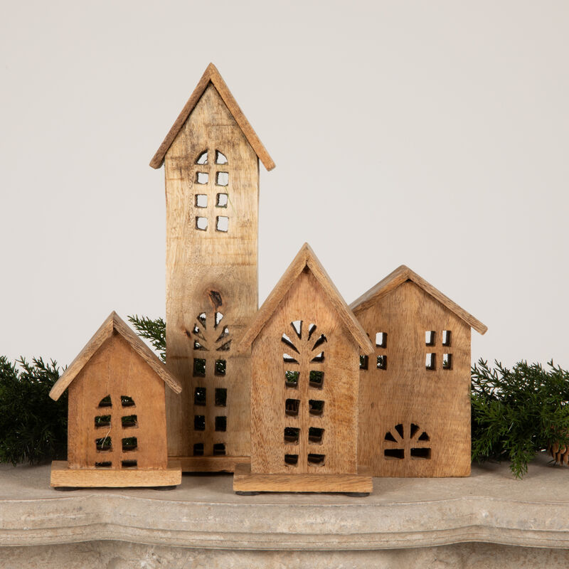 Decorative Carved Mango Wood Houses, Natural, Set of 4 image number 2