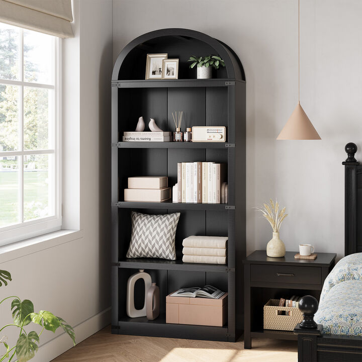Vintage Farmhouse Arched 5-Tier Wooden Bookcase, Tall Display Cabinet for Living Room, Home Office and Bedroom