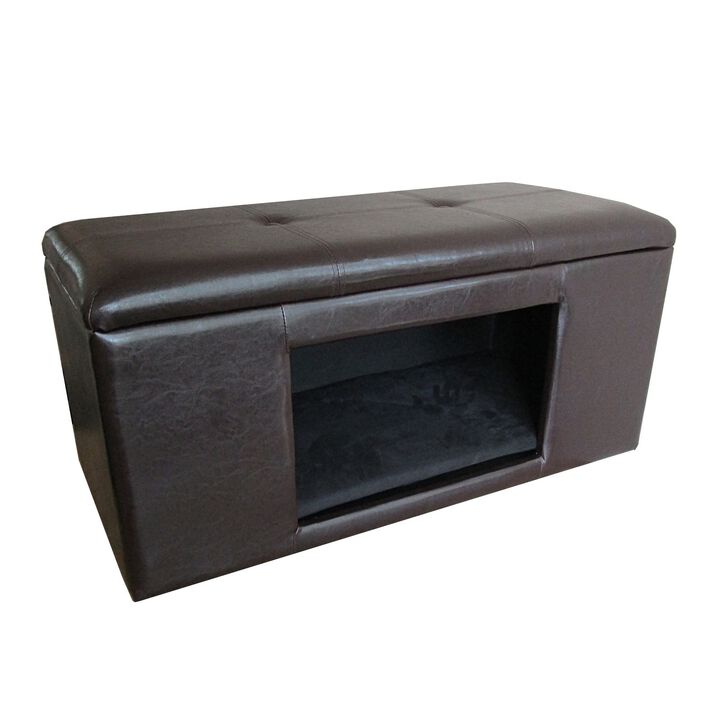 Leatherette Upholstered Wooden Pet Bench With Cutout For Easy Access, Brown - Benzara