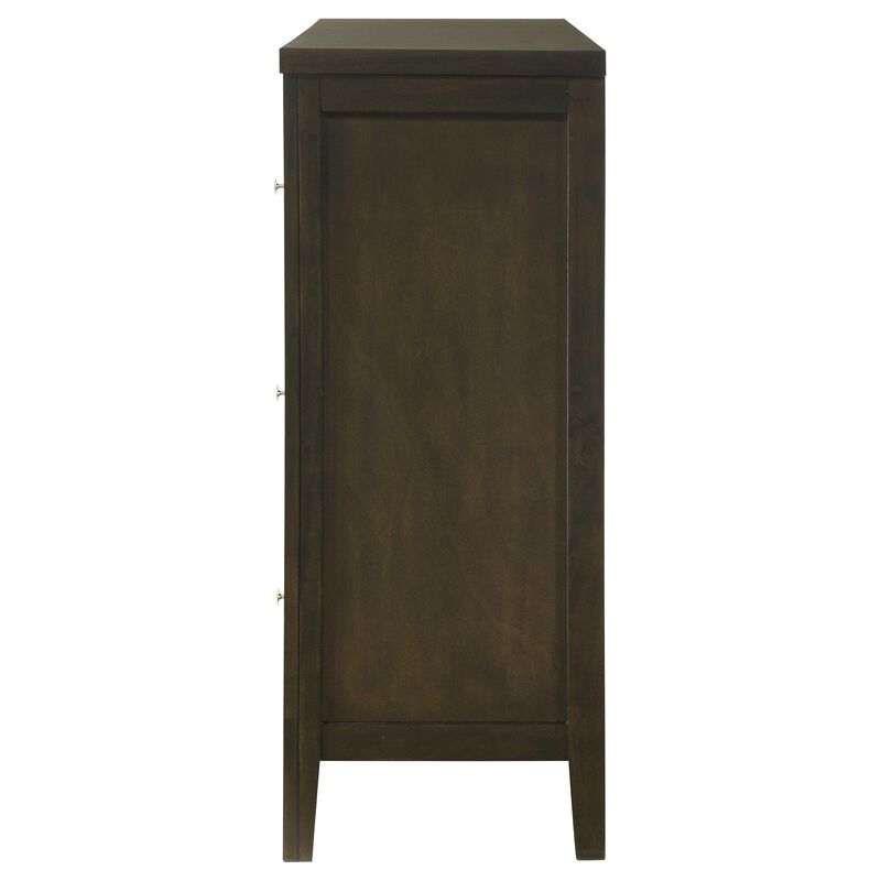 Wily Wide Dresser, Dark Brown Wood, 6 Drawers with Round Nickel Knobs - Benzara