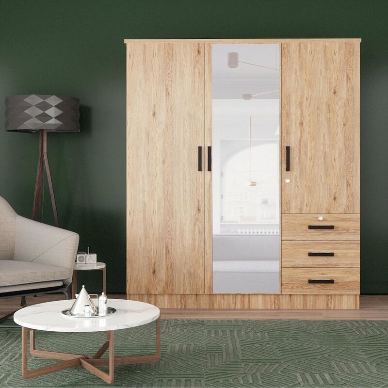 Violet Wardrobe Mirrored Door Closet 3 Doors and 3 Drawers (Natural Oak)