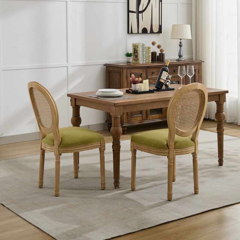 Whisen French Style Dining Chair, Solid Rubberwood Frame with Linen Upholstery and Rattan Back, Armless Set of 2 for Living Room Kitchen image number 2