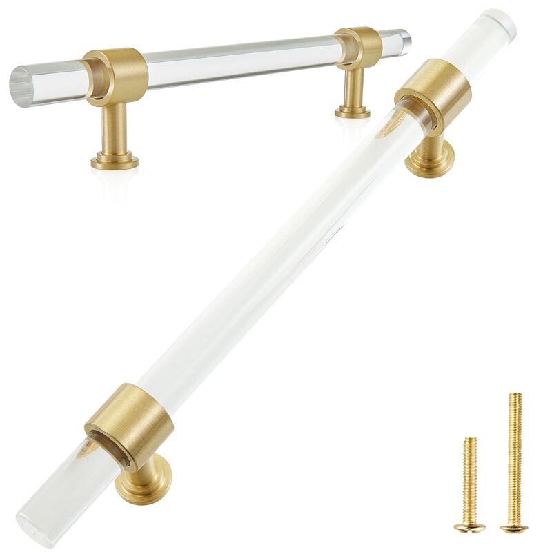 QOGRISUN 2-Pack Acrylic Cabinet Pulls with Brass Base, Gold Modern Drawer Handles, 6-1/4-inch Hole Center for Kitchen, Dresser D