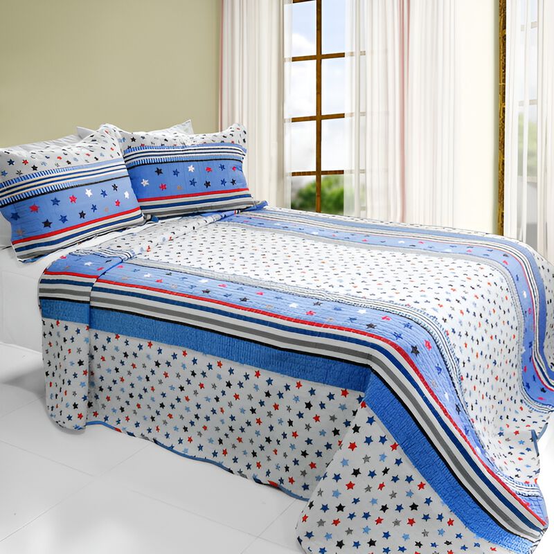 Queen Size 3-Piece Cotton Vermicelli Quilted Printed Quilt Set with Matching Pillow Shams image number 0