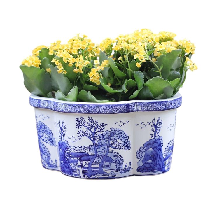 Euro Ceramica Blue & White Landscape Design 13.25" Oval Scalloped Edge Ceramic Planter