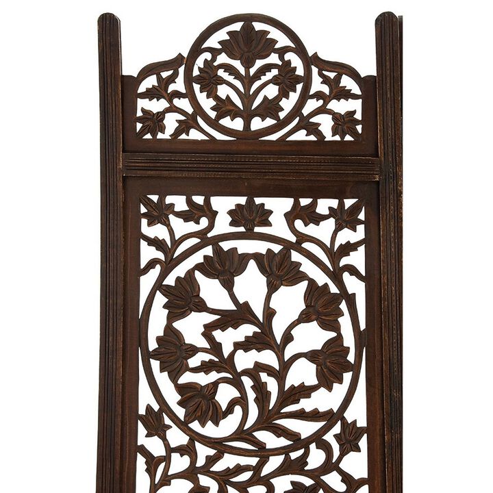 Handcrafted Wooden 4 Panel Room Divider Screen Featuring Lotus Pattern Reversible-Benzara
