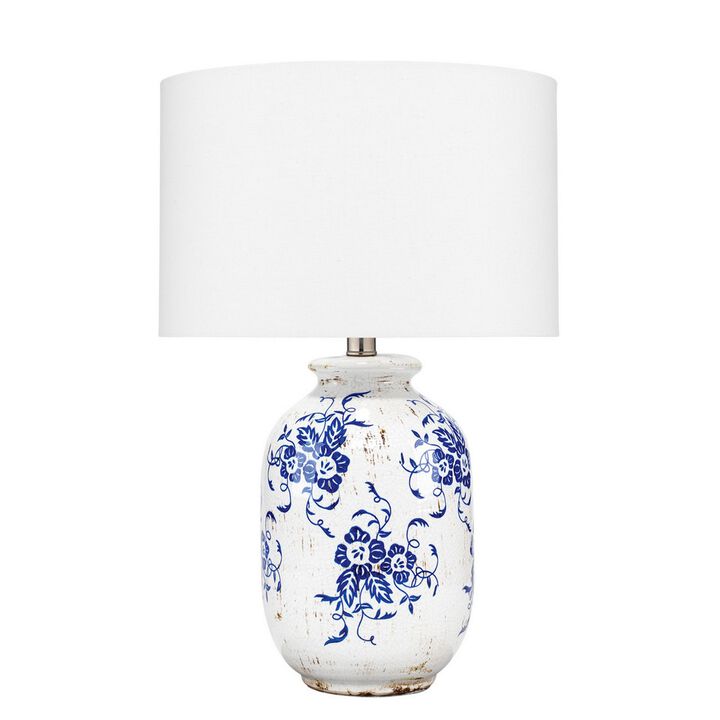 Table Lamp with Floral Pattern Ceramic Vase Base, White-Benzara