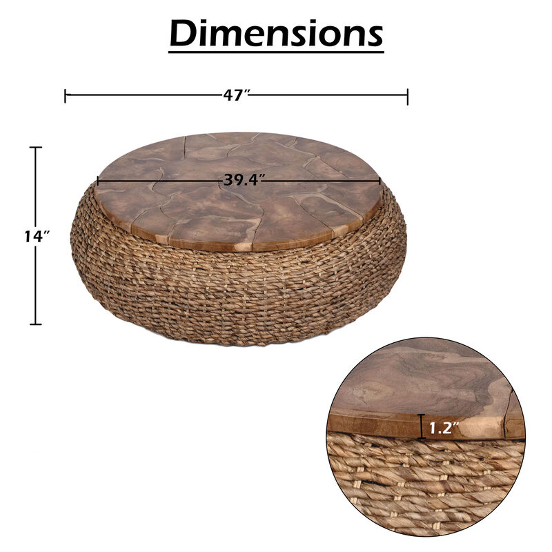 Jyra 47 Inch Round Coffee Table, Teak Wood Mosaic Top, Woven Banana Leaf Base, Natural Brown image number 3
