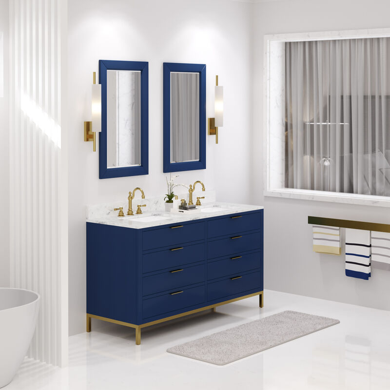 Bristol 60 In. Double Sink Carrara White Marble Countertop Bath Vanity in Monarch Blue