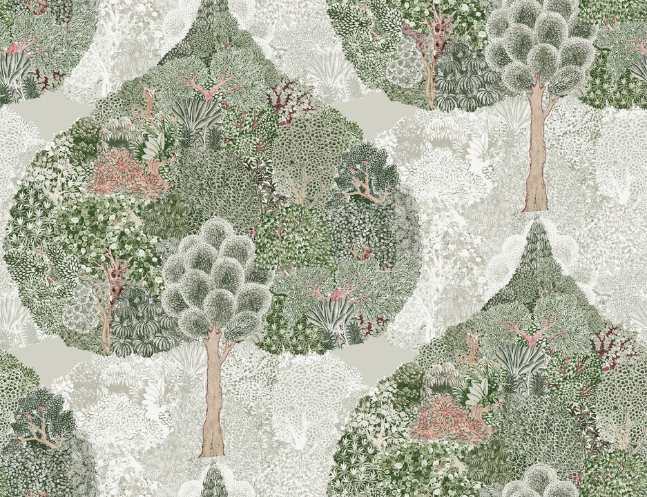 Mystic Forest Green & Coral Wallpaper