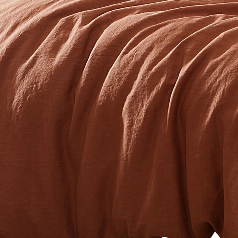 Edge 4 Piece Queen Size Duvet Comforter Set, Washed Linen, Rust Orange - Benzara