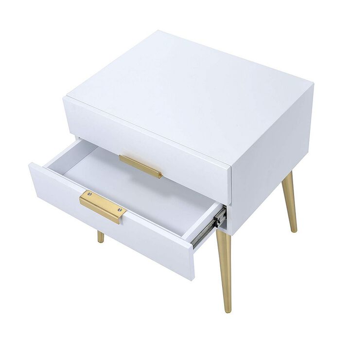 Denvor Square End Table with Drawers, White & Gold-Benzara