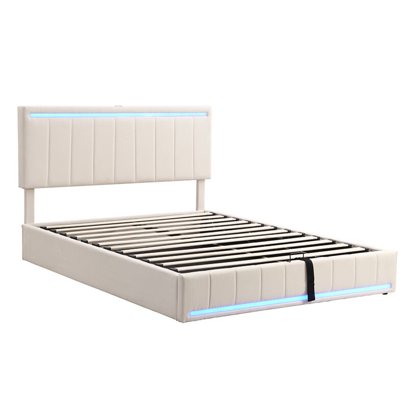 Queen Size Upholstered Platform Bed with Hydraulic Storage System, LED Light, and a set of USB Ports and Sockets, Linen Fabric, Beige