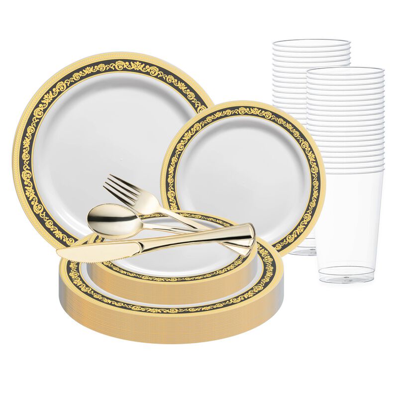White with Black and Gold Royal Rim Plastic Wedding Value Set (30 Sets) image number 0