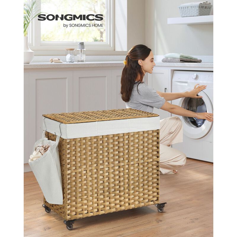 Handwoven 160L Rattan-Style Laundry Hamper with 3 Compartments and Removable Liner