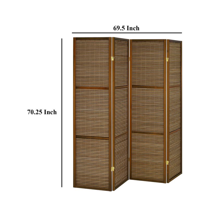 Rown 4 Panel Foldable Privacy Screen, Bamboo, Brown Pine Wood 70 Inch - Benzara