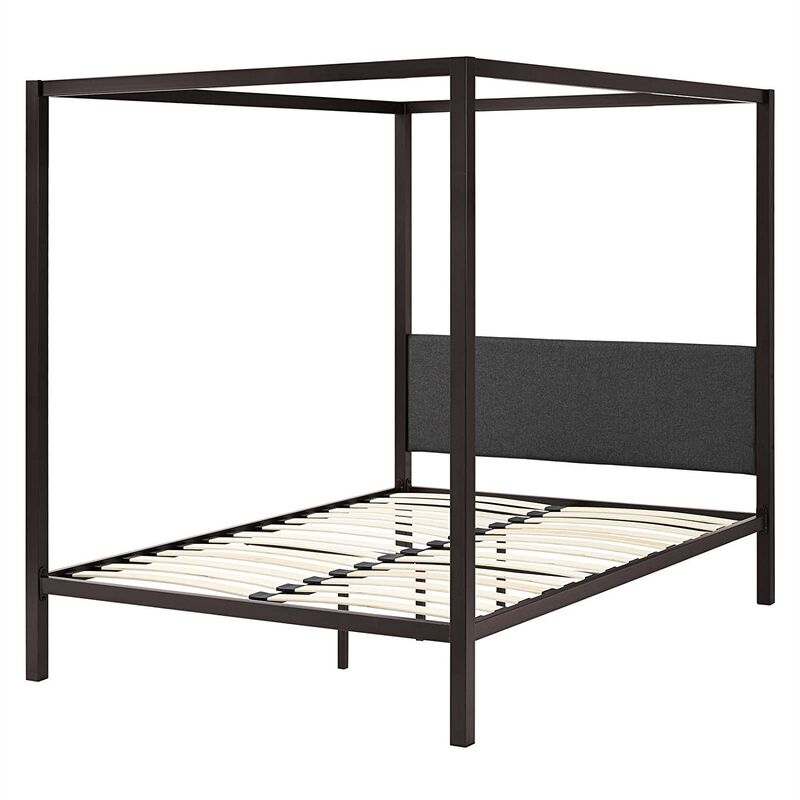 Hivvago Queen size Brown Metal Canopy Bed Frame with Grey Upholstered Headboard