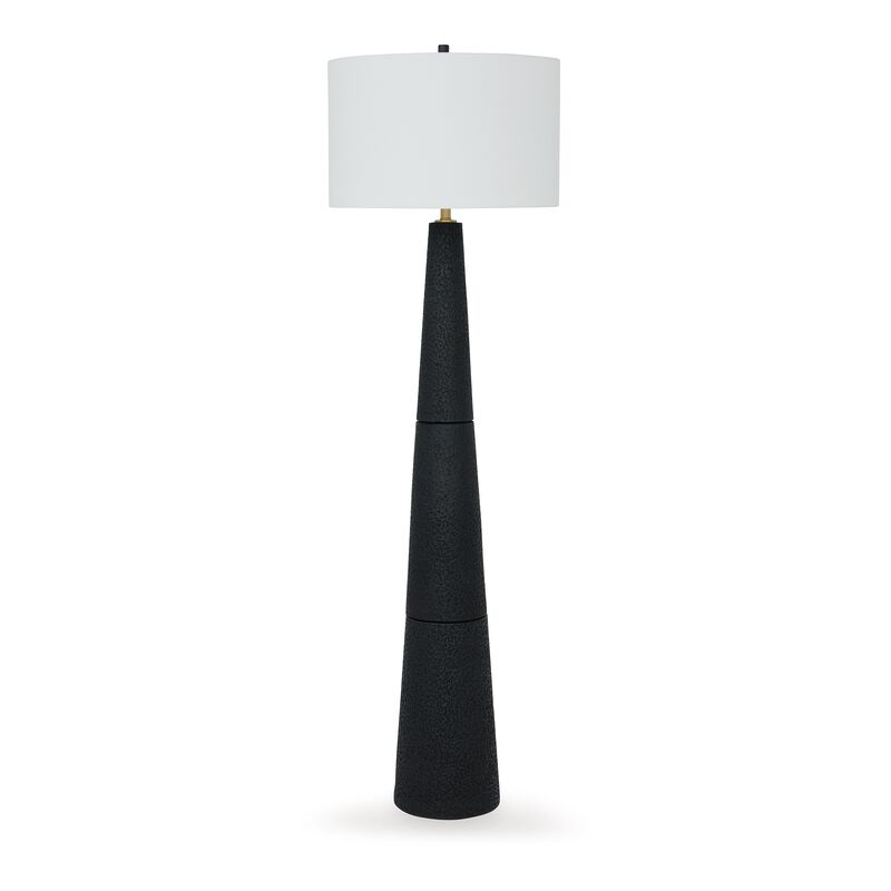 Boe 69 Inch Floor Lamp, White Drum Shade, Black Tapered Cone Resin Base - Benzara