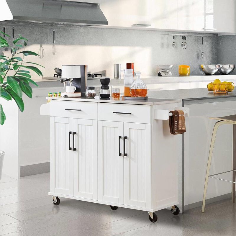 Hivvago White Kitchen Cart Island with Stainless Steel Top 2 Drawers and Cabinet