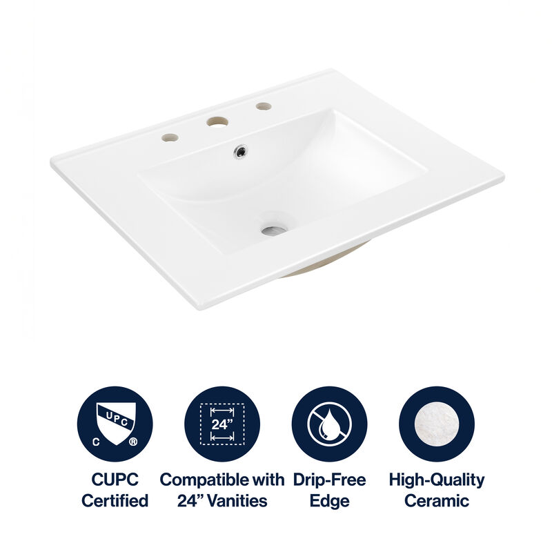 Ancillary 3-Hole Classic Contemporary Rectangular Ceramic Single Sink Basin Vanity Top
