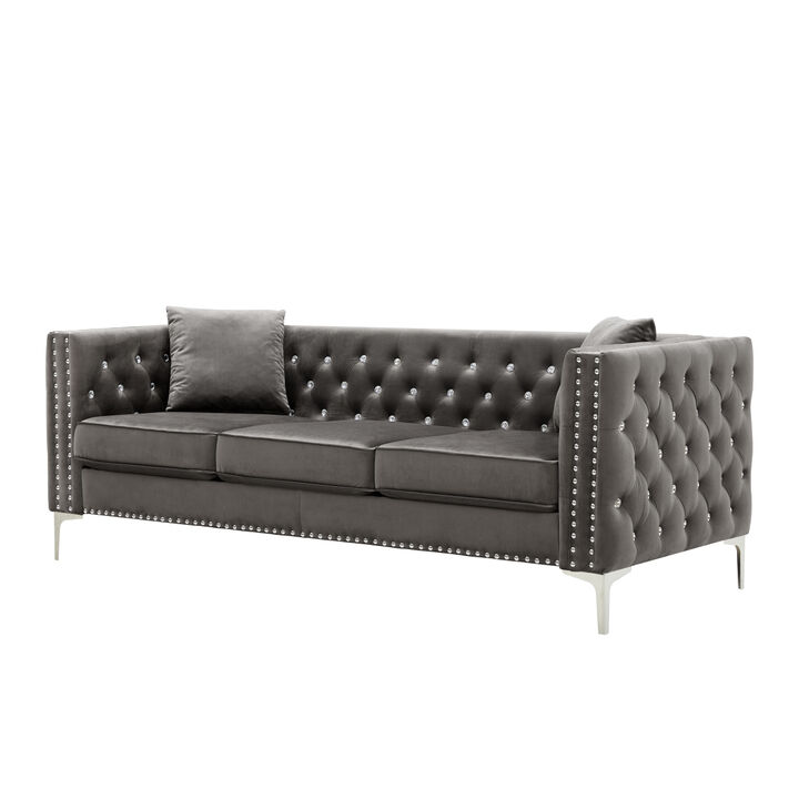 82.3" Width Modern Velvet Sofa Jeweled Buttons Tufted Square Arm Couch Grey,2 Pillows Included