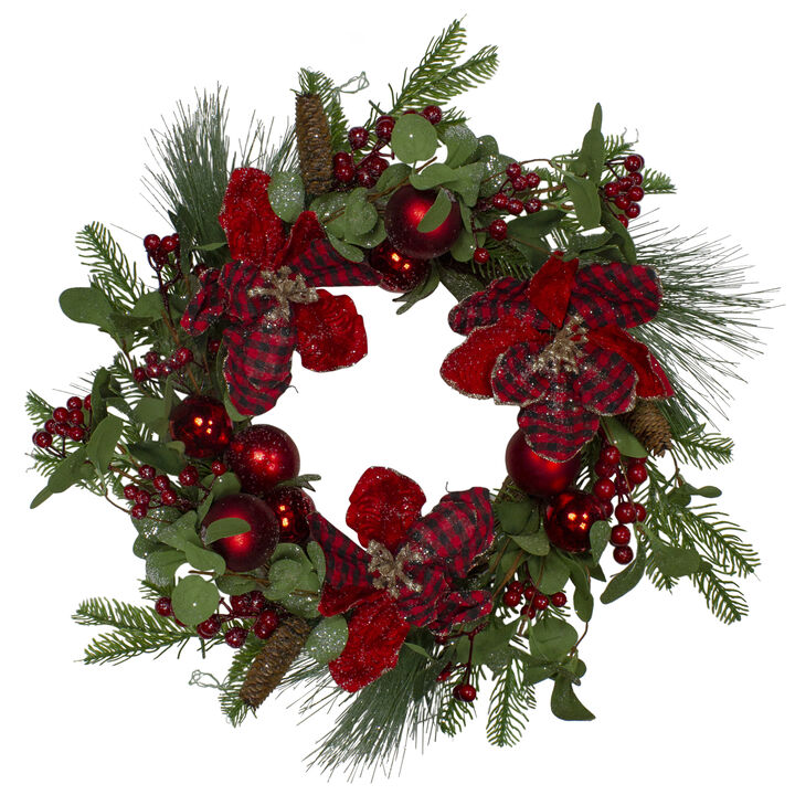 Magnolia and Red Berries Artificial Christmas Wreath - 22-Inch  Unlit