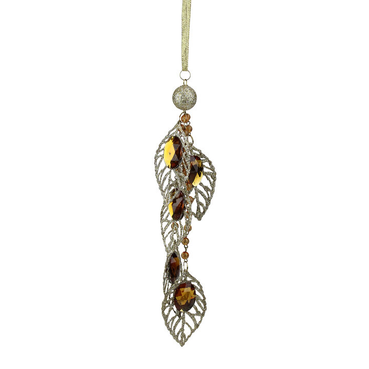 8.5" Gold Glittered Amber Jeweled Leaf and Bead Pendant Christmas Ornament