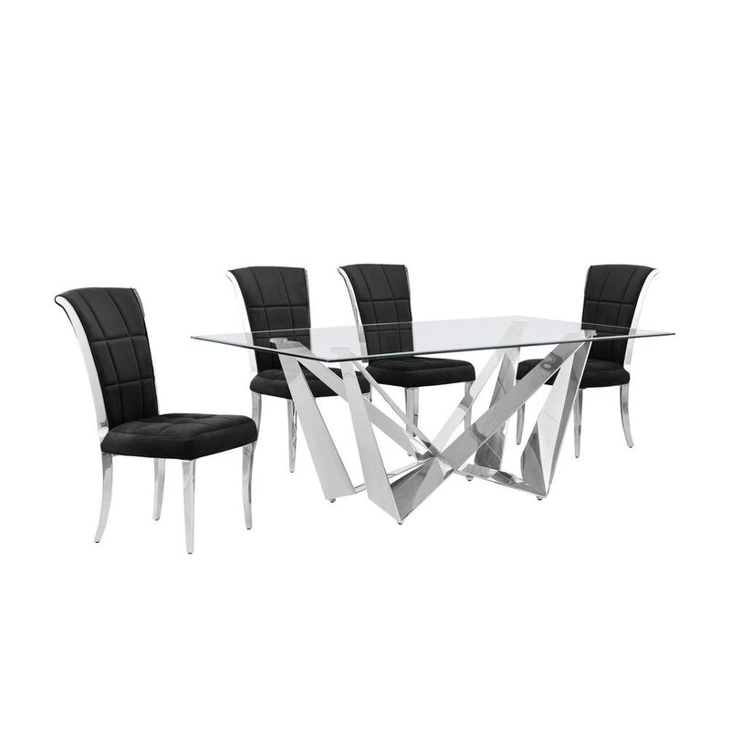 5pc Small(78") glass dining set with silver base and 4 Black side chairs