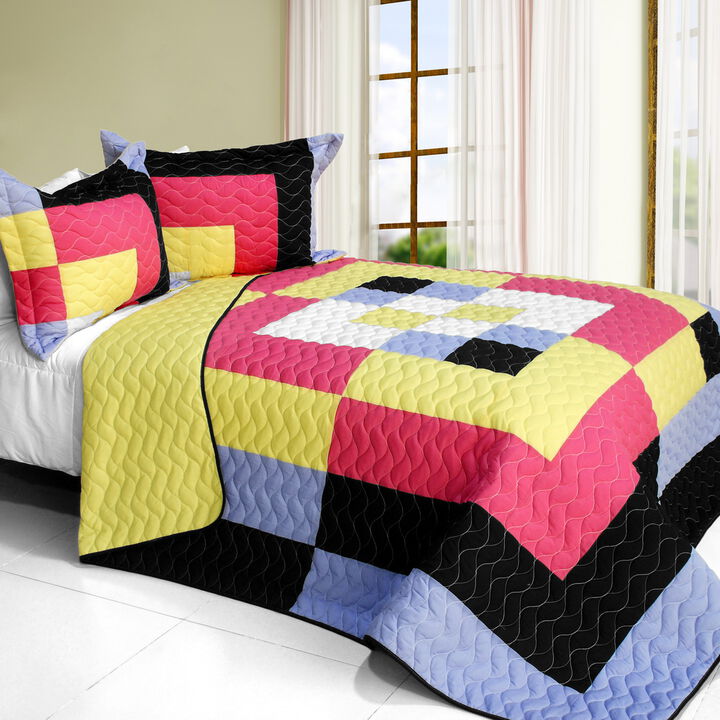 3PC Vermicelli-Quilted Patchwork Quilt Set Lightweight All-Season Bedding
