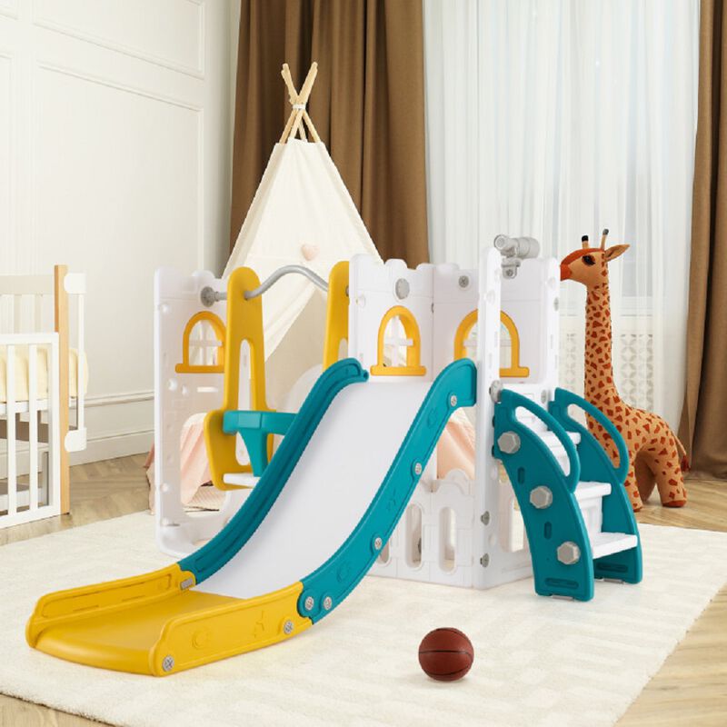 L Shaped 7 in 1 Toddler Swing Set with Slide, Ladder and Basketball Hoop image number 4