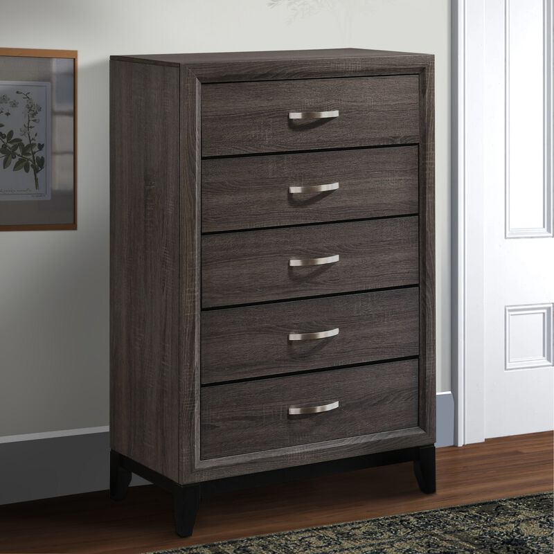 5 Drawer Transitional Chest with Chamfered Feet and Curved Handles, Gray - Benzara
