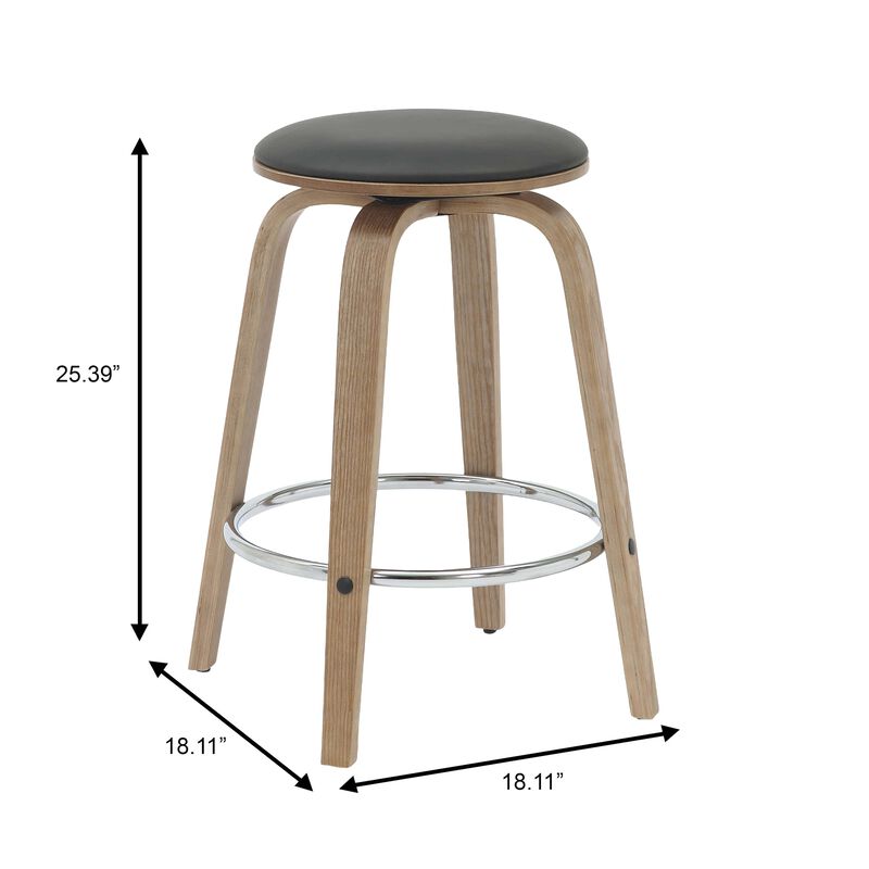 LeisureMod Counter Stool Upholstered in Leather with Stained Poplar Wood Frame & Chrome Iron Footrest with 360-Degree Swivel for Modern Home, Kitchen, Bars, Cafes Pelya Collection