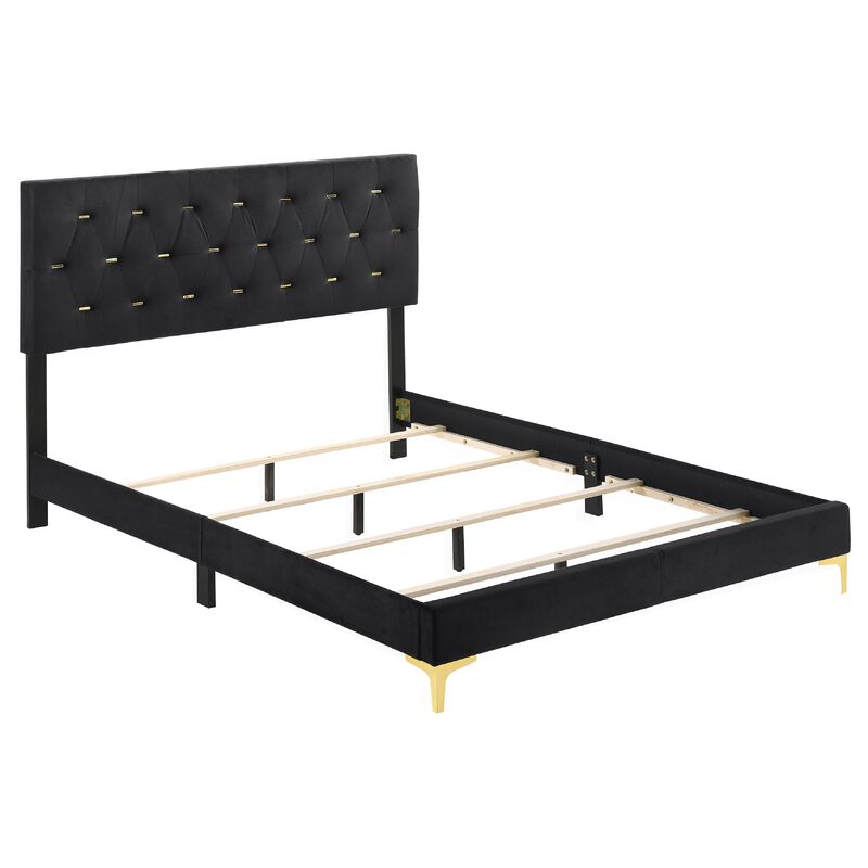 Dle 5pc California King Bedroom Set, Tufted Black Velvet, Modern Gold