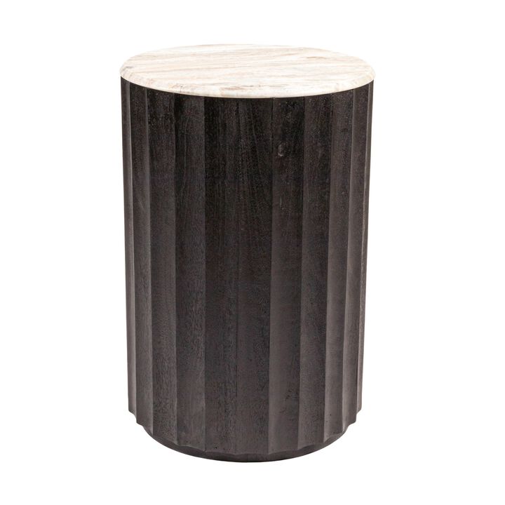Round Mango Wood Fluted Side Table with Marble Top