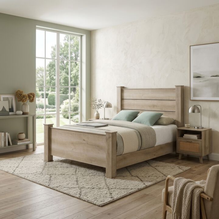 Tyna Rustic Queen Panel Bed with Planked Headboard, Weathered Oak Wood