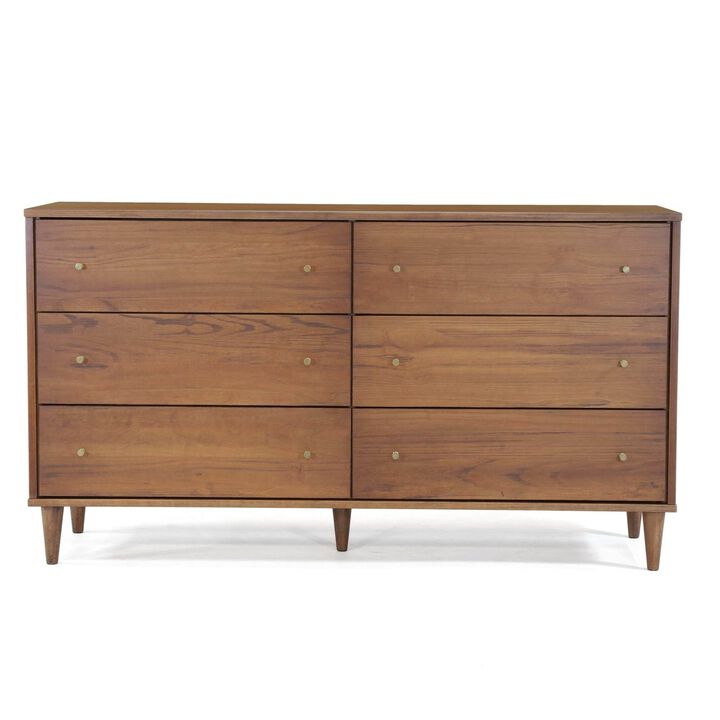Farmhouse Style 6-Drawer Walnut Dresser with Mid-Century Design