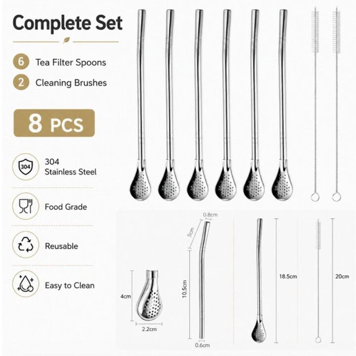 Stainless Steel Drinking Straws with Filter Spoon and Cleaning Brushes