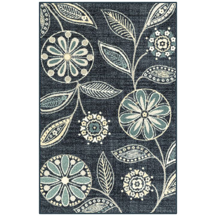 Maples Rugs Reggie Floral Kitchen Rugs Non Skid Accent Area Carpet [Made in USA], 26 x 310, Persian Blue