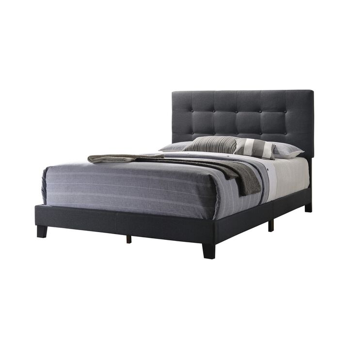 Queen Size Bed with Square Button Tufted Headboard, Dark Gray-Benzara