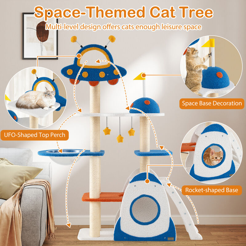 Space Theme Cat Tree Multi-level Cat Tower with Sisal Covered Scratching Posts