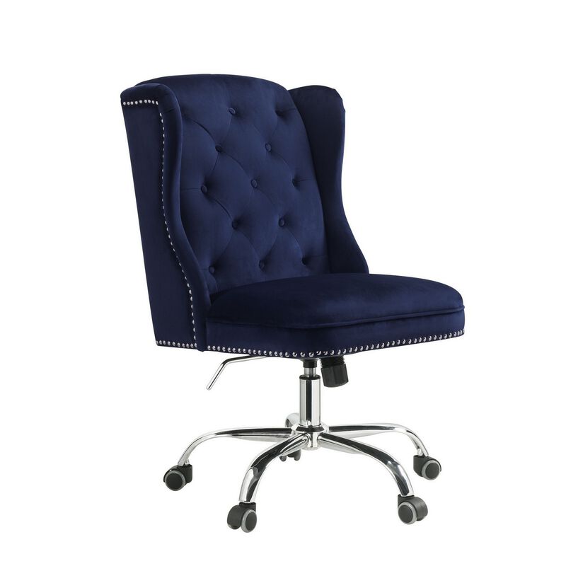 Velvet Upholstered Armless Swivel and Adjustable Tufted Office Chair, Blue-Benzara image number 1