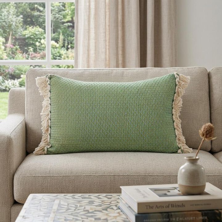 HomeRoots 14" X 20" Green And Beige Cotton Lumbar Throw Pillow with Embroidery and Fringe