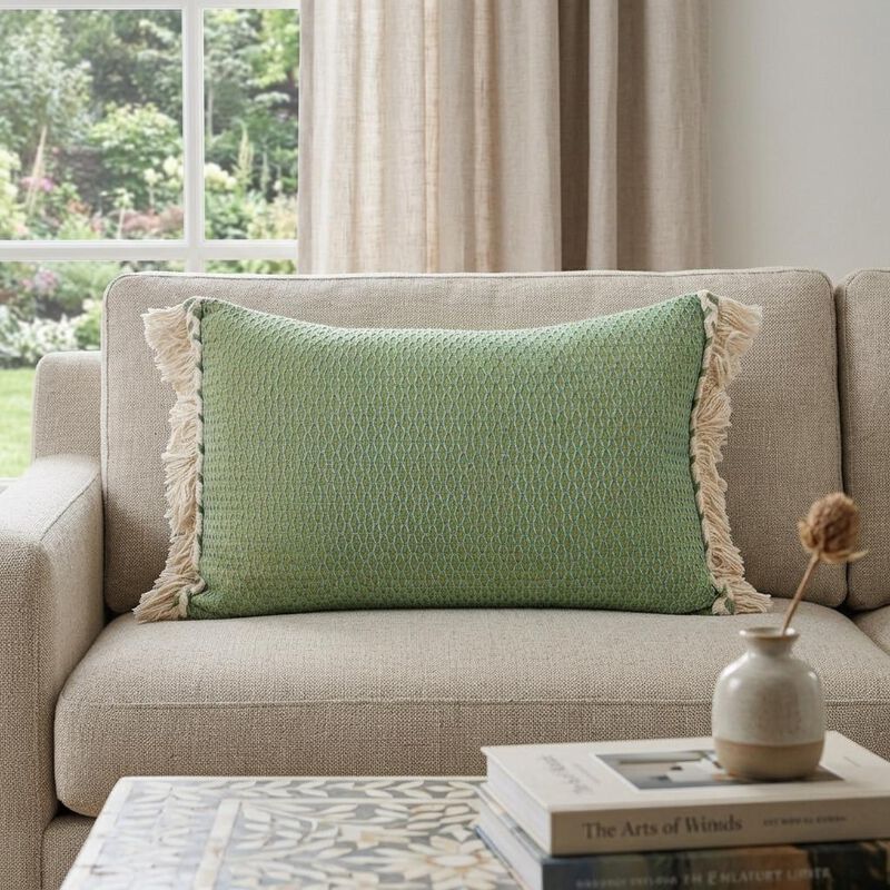 HomeRoots 14" X 20" Green And Beige Cotton Lumbar Throw Pillow with Embroidery and Fringe image number 1