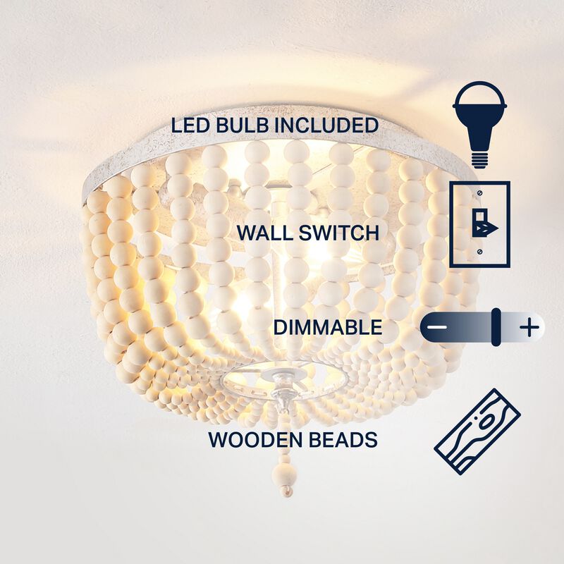 Allison 2-Light Shabby Chic Farmhouse Wood Beaded/Metal LED Flush Mount