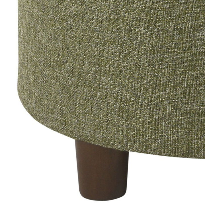 Fabric Upholstered Round Wooden Ottoman with Lift Off Lid Storage, Green - Benzara