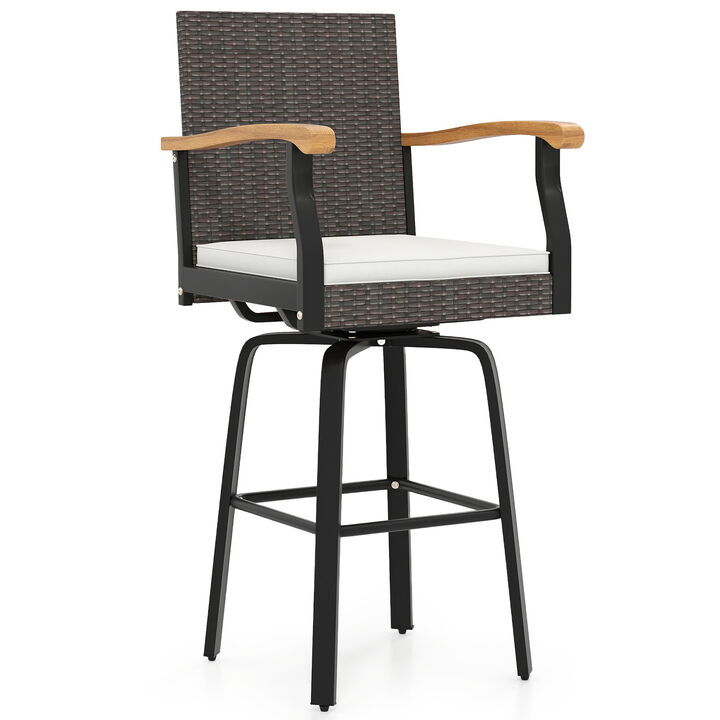 360-Degree Swivel Outdoor Bar Stool with Cushioned Seat and Wooden Armrests-Off White