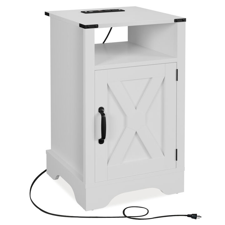 Farmhouse Nightstand Side Table, Wooden Rustic End Table, Tall Bedside Table with Electrical Outlets Charging Station (2 Sets) White